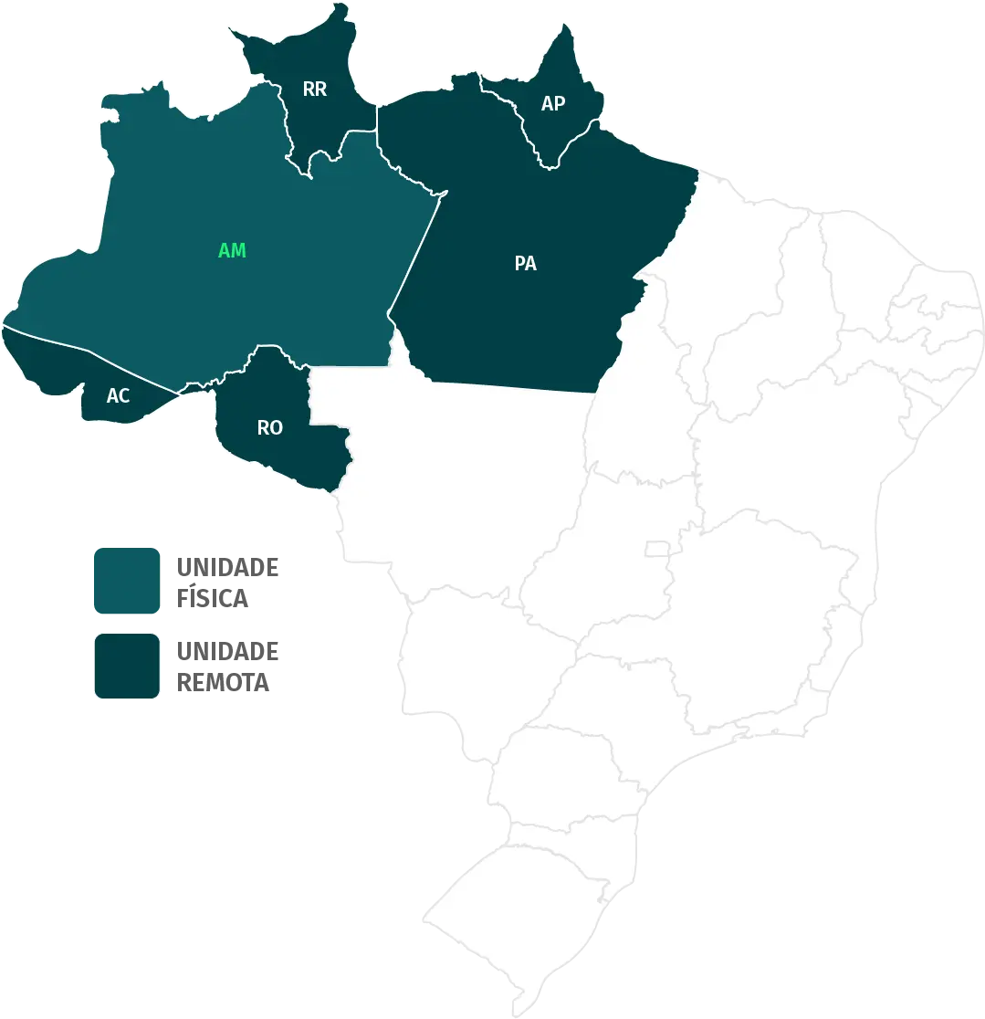 Mapa da Região Norte do Brasil — unidades físicas e remotas em AM, PA, RR, AP, AC, RO