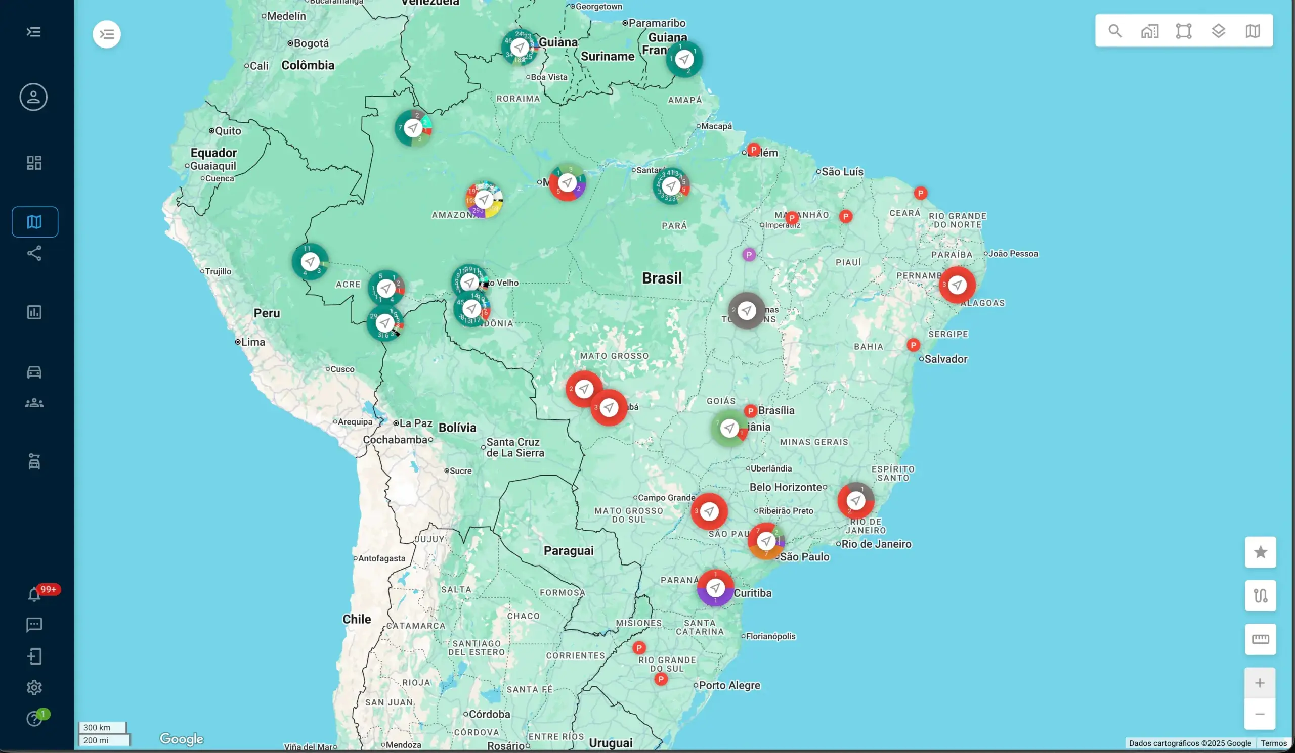 Mapa da América do Sul com pinos de veículos